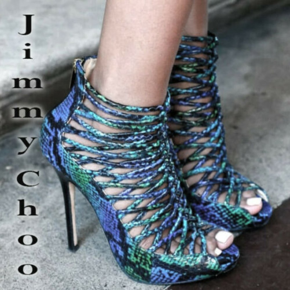 Jimmy Choo Gladiator Heels 5" Platform Heels 39 Multi-Color Snakeskin Leather